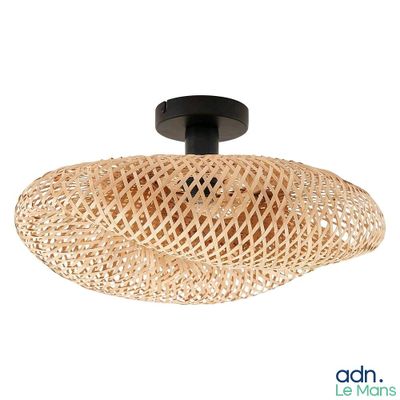 a picture of a ceiling light with a woven shade on it