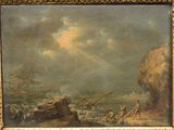 painting of a painting of a ship in a body of water with people on it