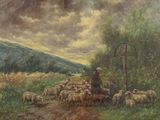 un tableau représentant un homme gardant des moutons sur un chemin de terre
