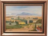 an oil painting of a farm scene with a mountain in the background