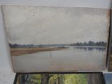 a picture of a painting of a river and a painting of a boat