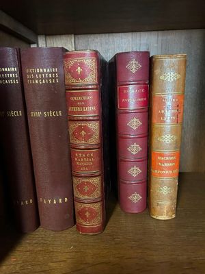 plusieurs vieux livres sont alignés sur une étagère dans une bibliothèque