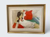 painting of a woman sitting on a couch with a red and white pillow