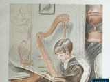 a drawing of a boy sitting at a table reading a book