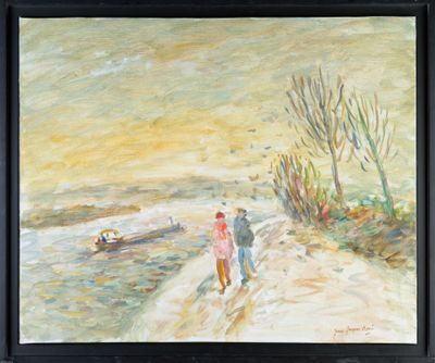 Jean-Jacques RENÉ (1943-) "Neige au bord de la Seine" HST, S…