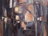 an oil painting of a city street with buildings in the background