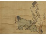 an image of a painting of a man kneeling down next to another man