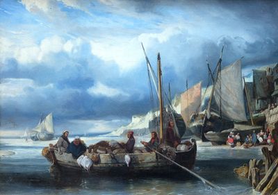 tableau représentant un groupe de personnes à bord d'un bateau sur un plan d'eau