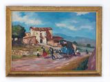 painting of a village scene with a horse drawn carriage and people walking down the road
