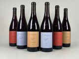 six bottles of wine are lined up in a row