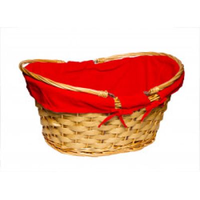 a wicker basket with a red cover on it