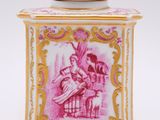 an image of a pink and gold jar with a woman on it