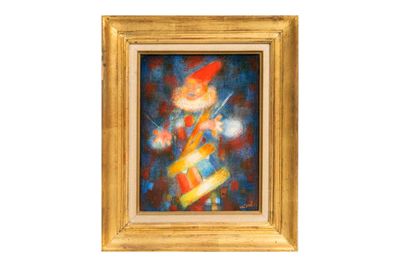 tableau représentant un clown sur un skateboard, dans un cadre doré sur fond blanc