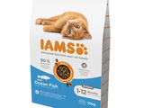 un sac de croquettes pour chat Iams « Ocean Fish » sur lequel est représenté un chat allongé