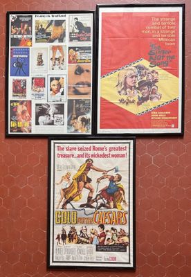 Trois affiches de cinéma encadrées sont accrochées au mur d'une salle de bains