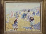 an image of a painting of people on a beach with umbrellas