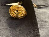 a close up of a gold pin on a suit jacket