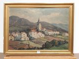 an image of a painting of a small town on a hill
