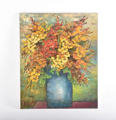 une peinture à l'huile représentant un vase de fleurs sur une table