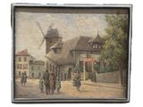 painting of a street scene with a windmill in the background
