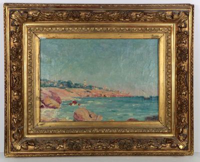 une peinture à l'huile représentant une scène de plage avec des rochers et un plan d'eau