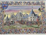 painting of a painting of a castle with a horse drawn carriage in front of it