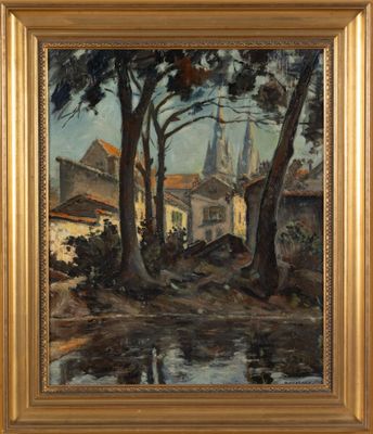 un tableau représentant un village avec des arbres et une église en arrière-plan