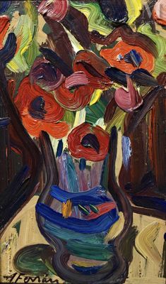 a painting of flowers in a vase on a table