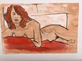 drawing of a woman laying on a bed with her legs crossed