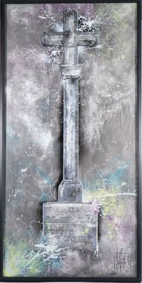 painting of a monument with a cross in the middle of it