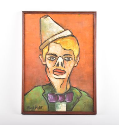 tableau représentant un homme portant un chapeau de clown et un nœud papillon