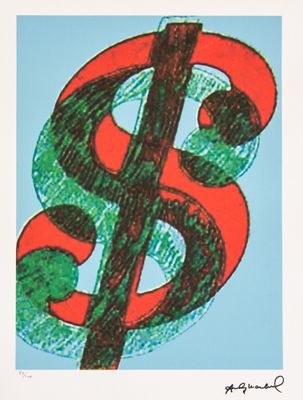 drawing of a dollar sign on a blue background with red and green accents