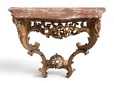 an antique console table with a marble top on a white background