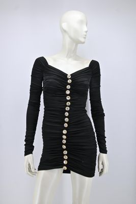 Angelo TARLAZZI - Robe fronçée en satin noir ornée de motif …