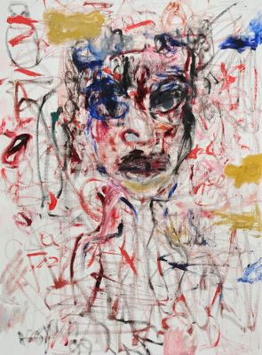 an image of a painting of a man with many colors on his face