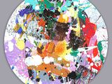 abstract painting of multicolored paint splattered on a white circle