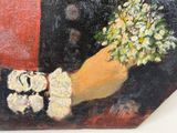 a painting of a hand holding a bunch of flowers