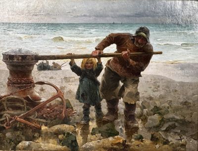 a painting of a man and a little girl on the beach