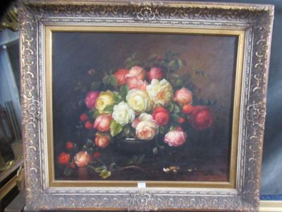 Huile sur toile "Brassée de roses dans une coupe" 50x60 cm