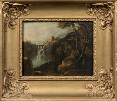 une image représentant une peinture d'une cascade dans un cadre boisé