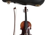 the violin is sitting next to a black case and a black bow