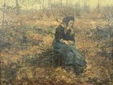 tableau représentant une femme assise sur une souche d'arbre dans les bois