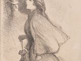 dessin représentant une femme en robe longue et chapeau, se regardant dans un miroir