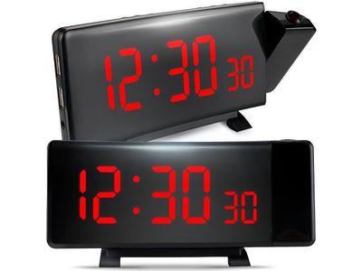 two digital clocks with red numbers on white background