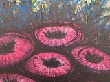 drawing of a bunch of pink flowers in a vase on a table