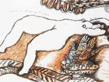un dessin représentant une femme allongée sur un lit avec un chat