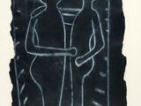 black and white drawing of a man and a woman standing in front of a mirror