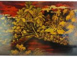 une image représentant un tableau représentant un paysage tropical avec des palmiers
