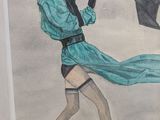 un tableau représentant une femme en robe bleue tenant un parapluie