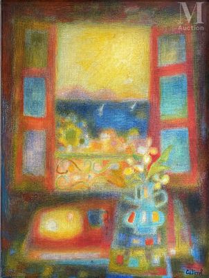 une peinture à l'huile représentant un vase de fleurs devant une fenêtre
